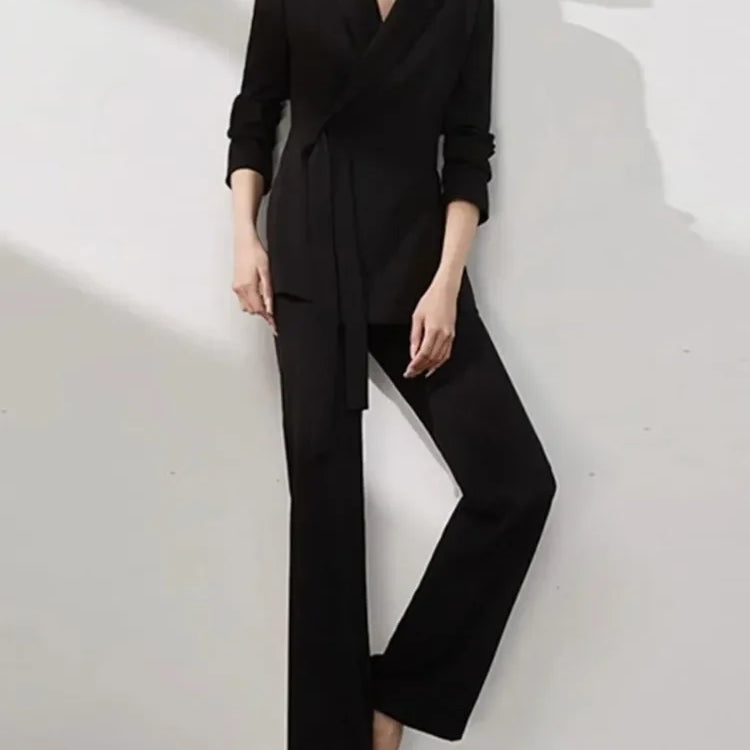Office Lady Solid Women Suits 2 Pieces Chic Long Sleeve Blazer High Waist Straight Pants Vintage Sets Female Fashion Clothes black
