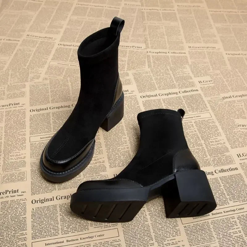 Maogu Black Women's Short Ankle Boots Sock Footwear Combat Booties High Heels Suede Heeled Autumn Boot Slip on Shoes for Woman Black (Heel 6.5cm)
