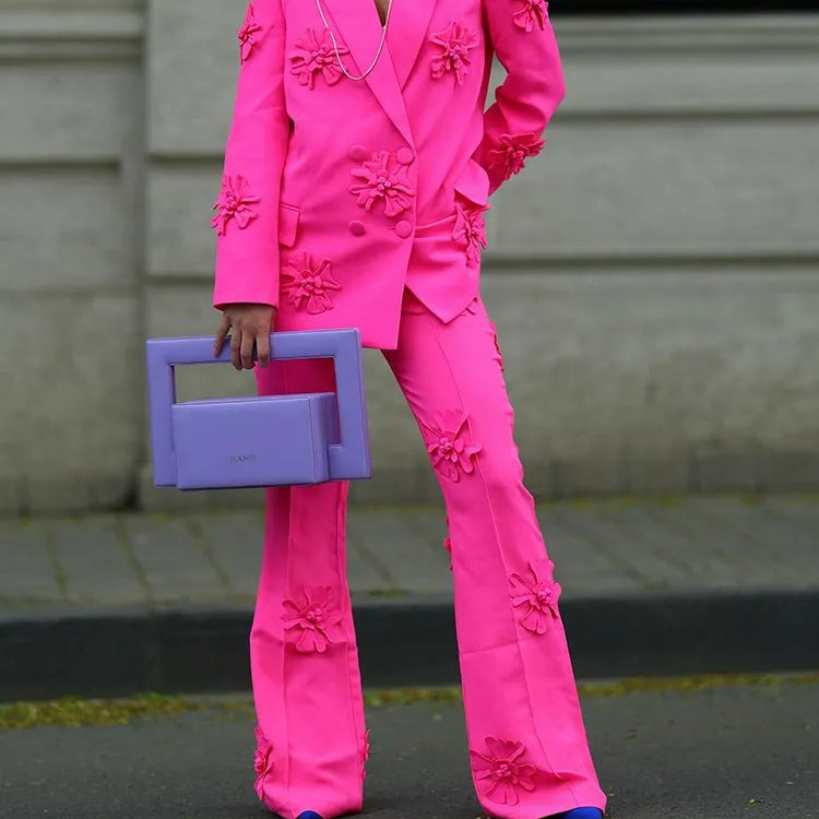 TWOTWINSTYLE Solid Patchwork Appliques Two Piece Sets For Women Lapel Long Sleeve Coat High Waist Pant Chic Set Female Clothing