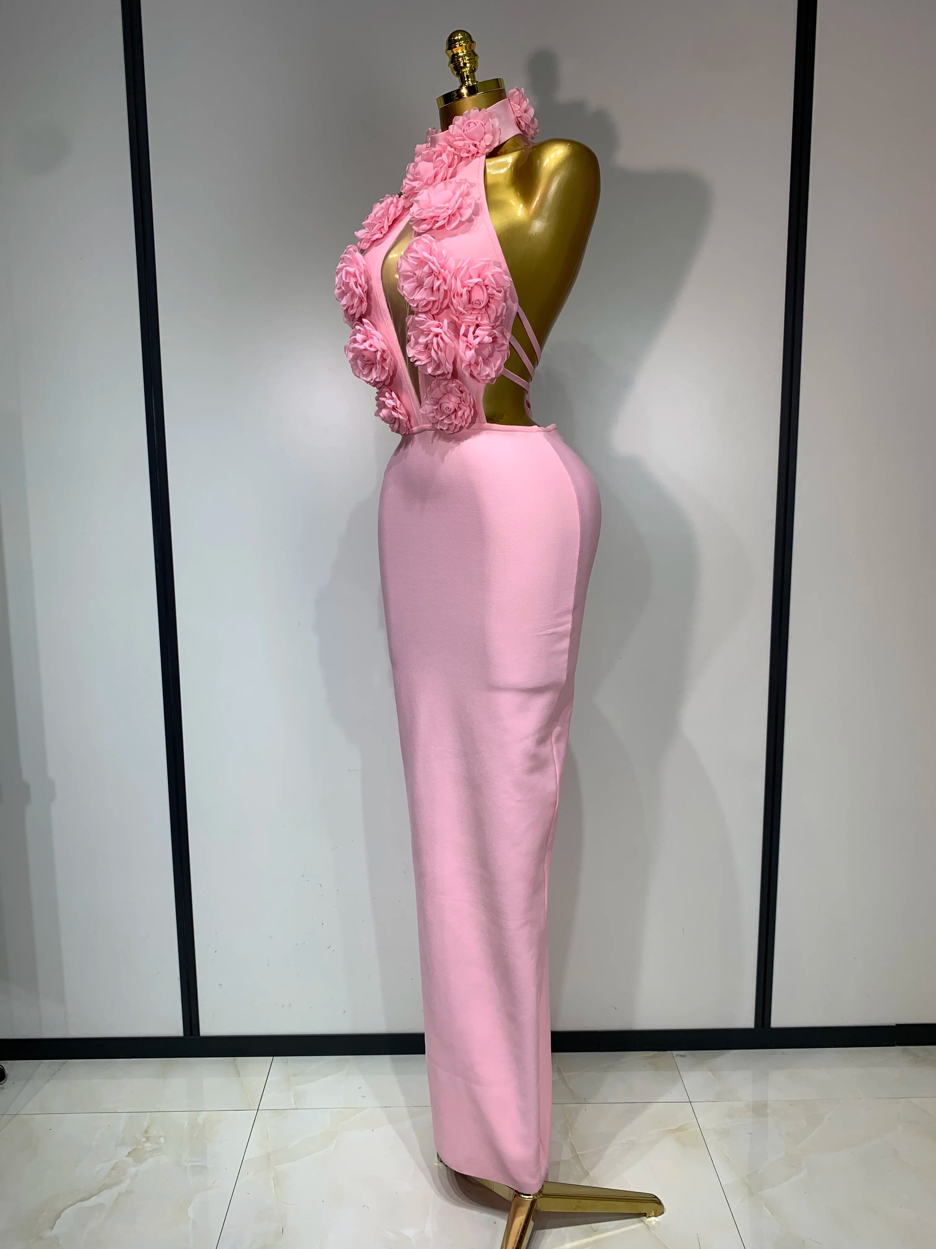Luxury Birthday Dress Women Celebrity Sexy Halter Backless Flower Long Bandage Bodycon Dress 2025 Elegant Evening Party Outfit 