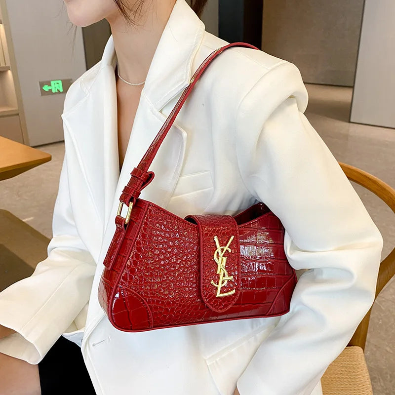 French Style Croc-Effect Handbag 2025 - Elegant Underarm & Crossbody Bag for Women, Versatile Top-Handle Shoulder Purse