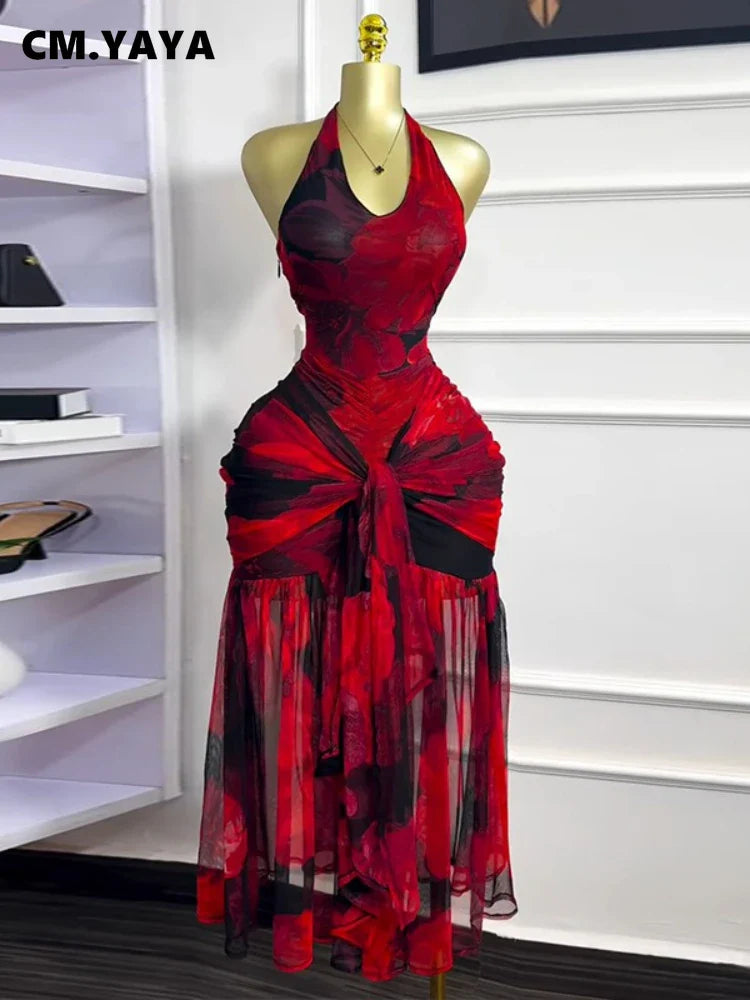 CM.YAYA Women Halter Neck Backless Ruched Stacked Sleeveless Mesh Long Maxi Dress 2025 Birthday Even Sexy Party Dresses Vestidos