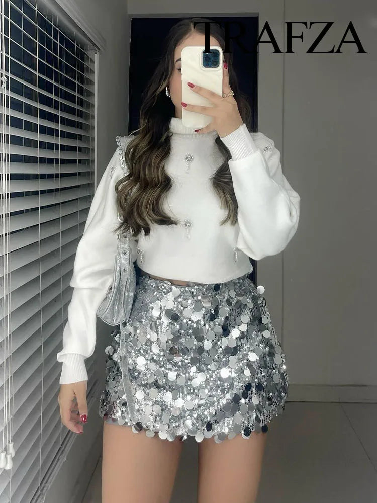 TRAFZA Women New Fashion Y2K Shiny Sequin Skirt Female Elegant High Waist Mini Skirts Casual Woman Sexy Chic Party Skirts