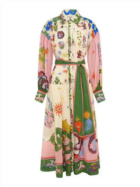 Polo Neck Printed Dress For Women Autumn New Retro French Palace Style Long Lantern Sleeve Loose Vintage Dresses Clothing