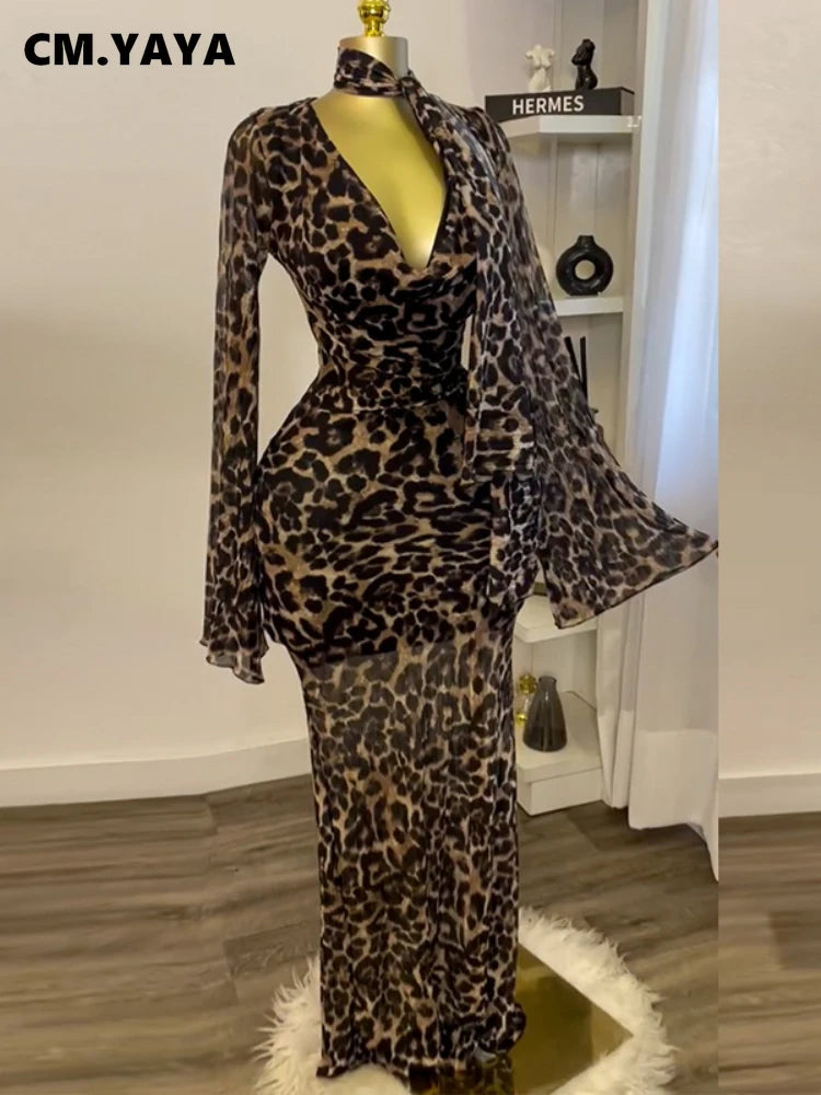 CM.YAYA Women Full Sleeve Pile Collar leopard print Long Maxi Dress Holiday Beach Birthday Evening Sexy Party Dresses Vestidos
