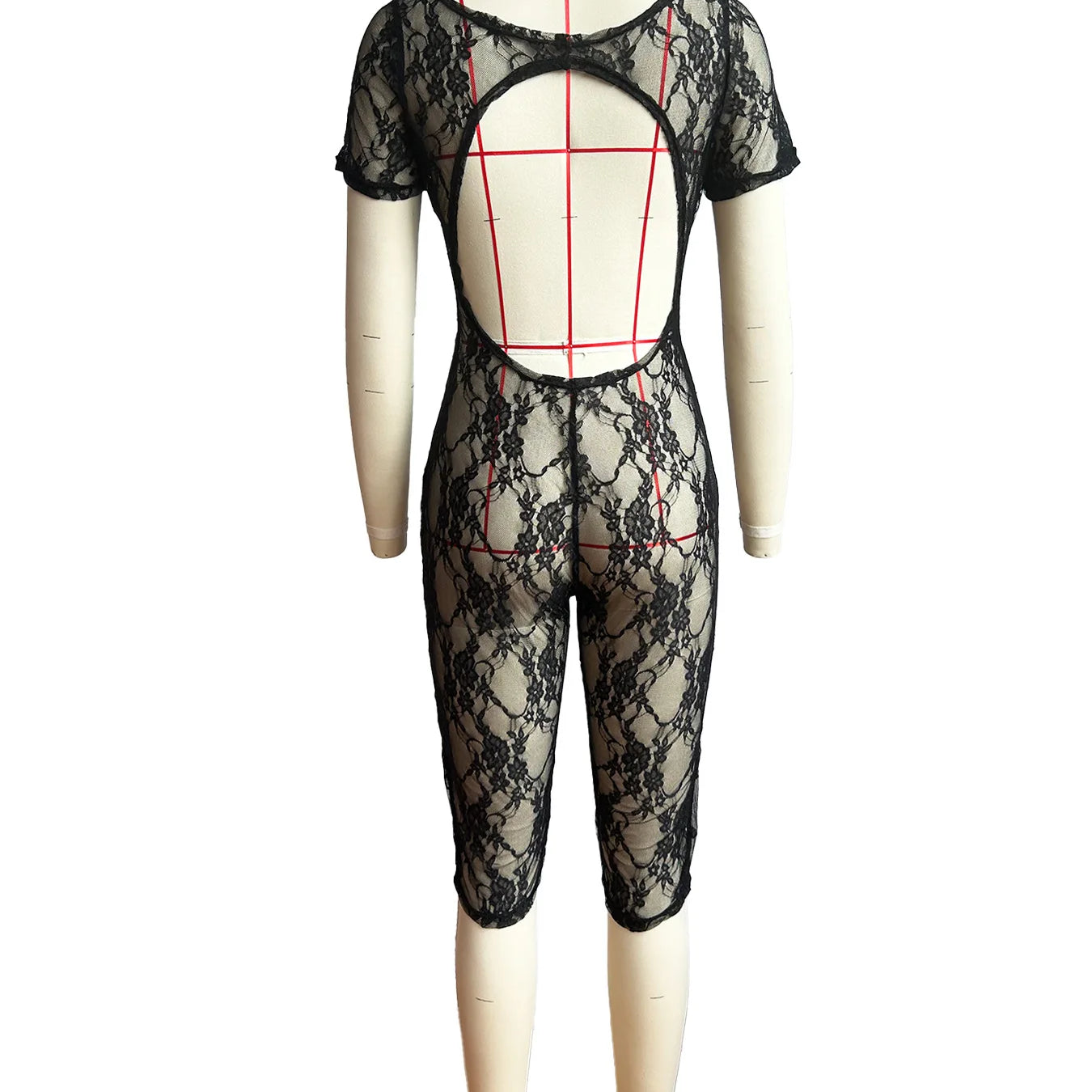 CM.YAYA 2024 Spring Short Sleeve Backless Women Lace Hollow Out Casual Rompers Playsuit Short Jumpsuits V-neck One Piece Outfits