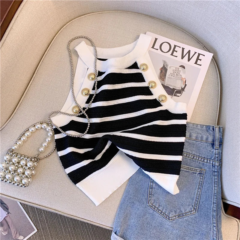 Halter Slim Striped Knitted Vests Women Crop Tops Summer Sleeveless Gold Buttons Knitwear Sexy Elegant Streetwear Vests