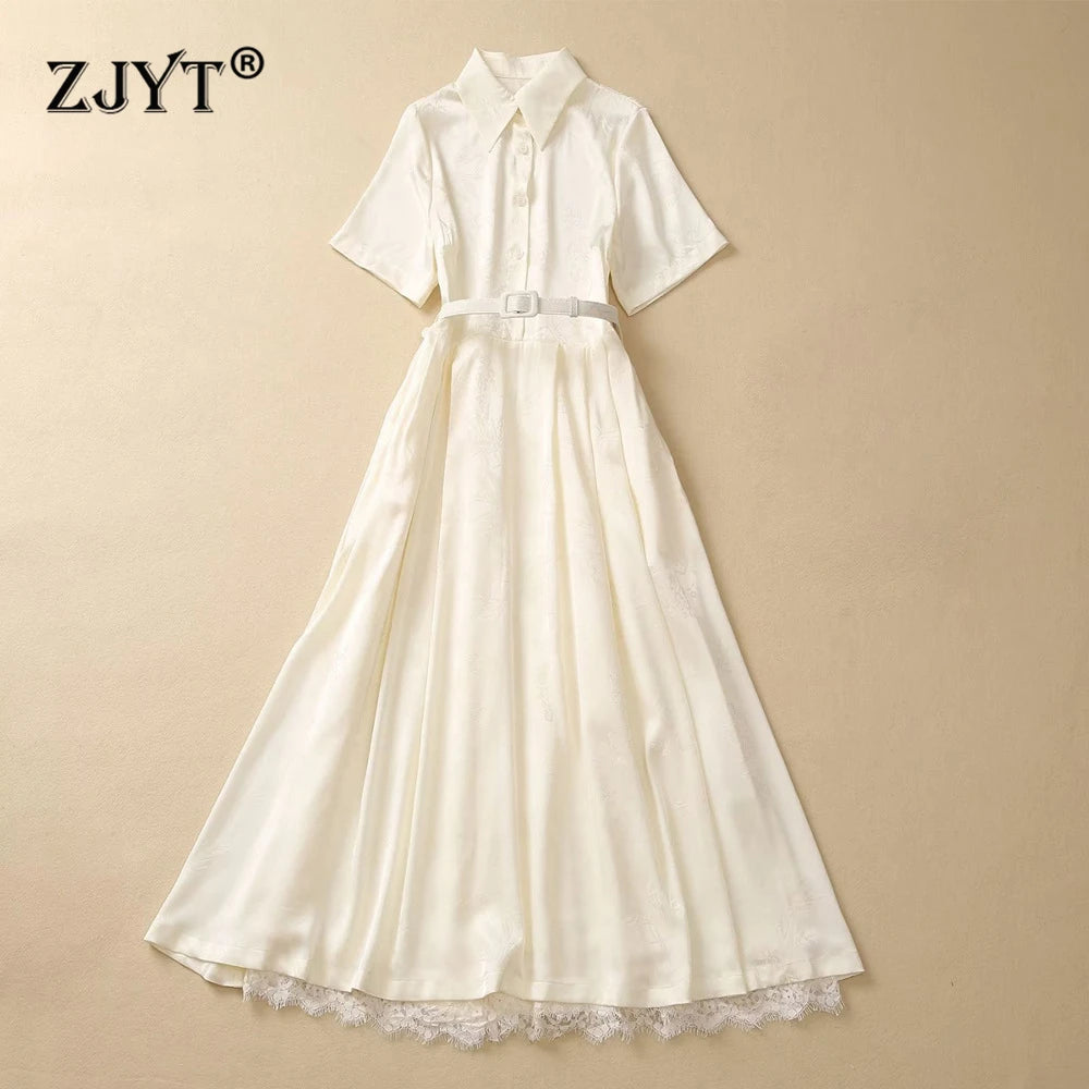 ZJYT Runway Fashion Summer Midi Shirt Dress for Women 2024 Summer Lace Patchwork Belt Casual Daily Dress Beige Aline Vestidos