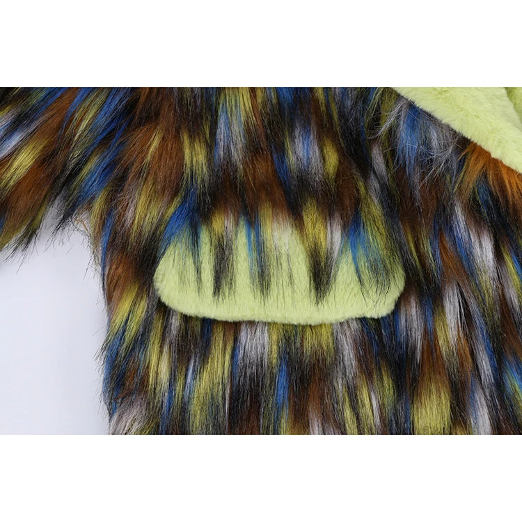 Winter Long Colorful Thick Warm Colorful Hairy Shaggy Patchwork Faux Fox Fur Coat Women Fluffy Furry Overcoat