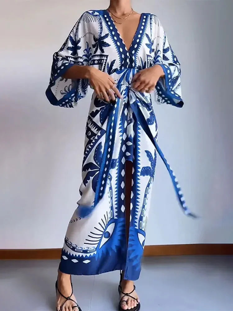 Vintage Bule Print Lace Up Midi Dress Women V Neck Half Sleeve High Waist Vestidos Spring Summer Casual Beach Robes Female