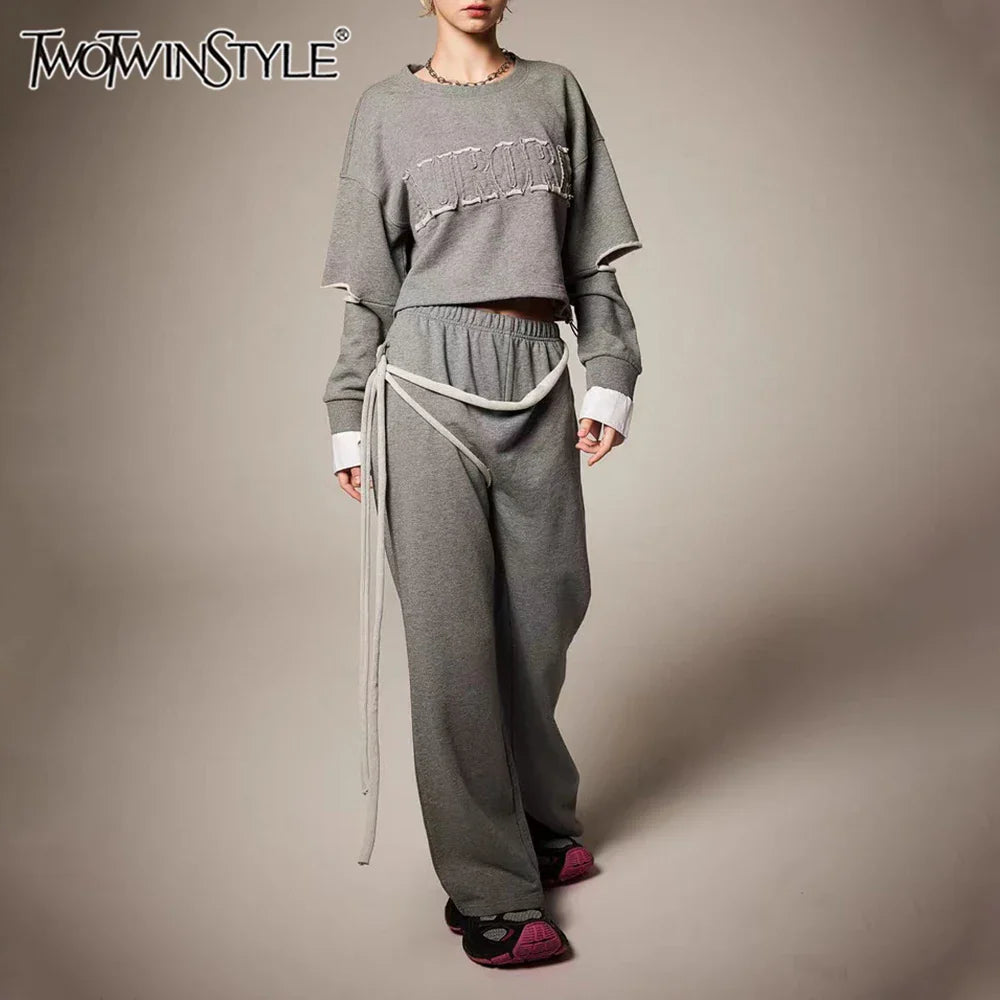 Conjunto casual de duas peças com blocos de cores para mulheres, gola redonda, manga comprida, blusa de cintura alta e calça, conjunto chique, roupa da moda feminina