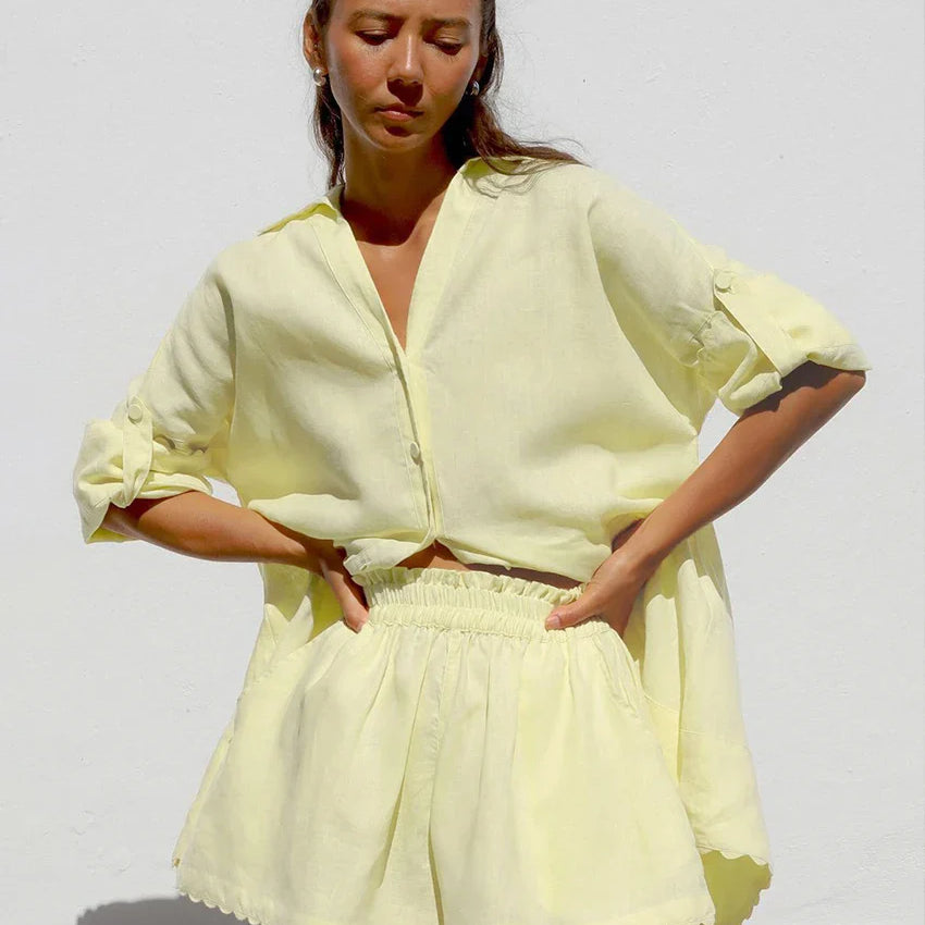 Clacive Casual Loose Orange Cotton 2 Piece Sets Women Outfit Fashion Long Sleeve Shirt With High Waist Ruffle Shorts Set Yellow