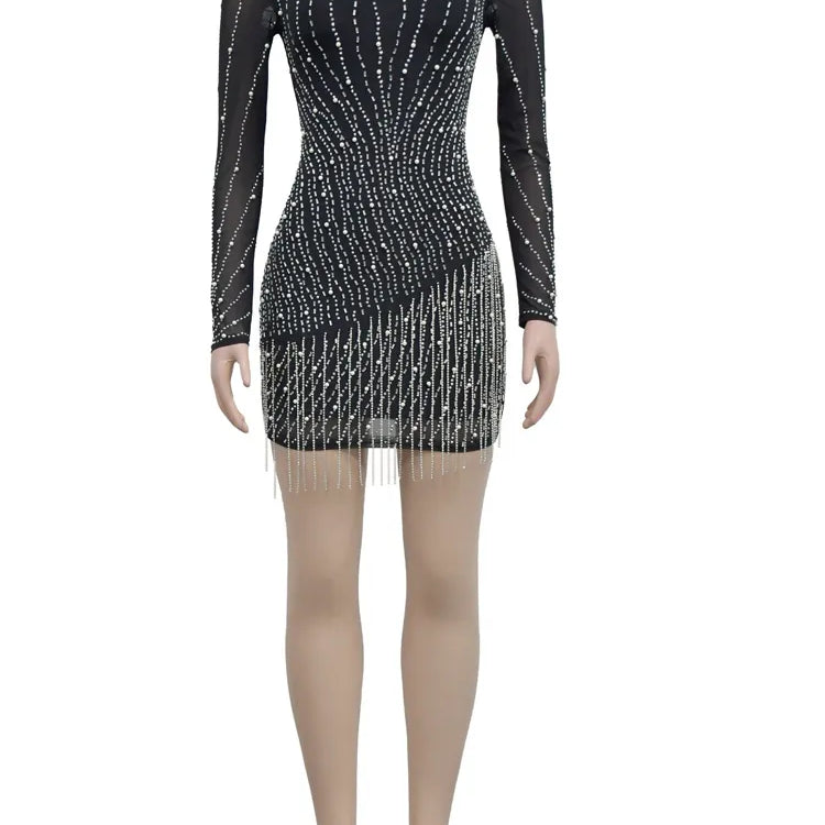 Beautiful Crystal Embellished Fringed Mini Dress Glam Womens Pearls Rhinestone Slim Short Party Dress Birthday Outfits