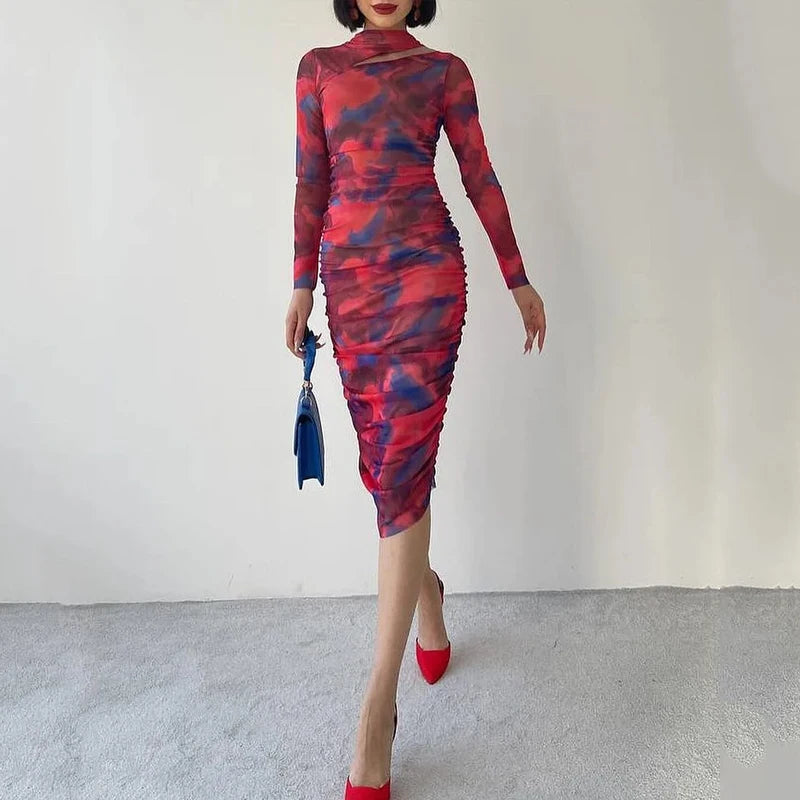 Ellafads Women Midi Dresses Autumn Fashion Hollow Out Long Sleeve Vintage Printed Folds Party Dress Elegant Chic Bodycon Gown red