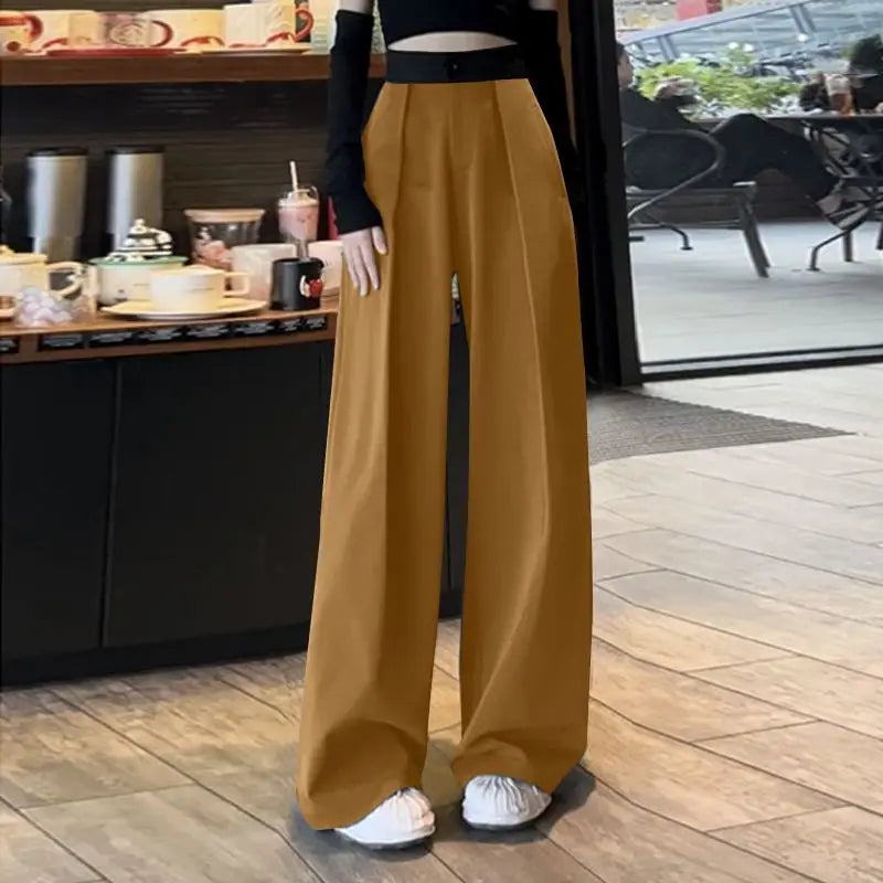 Women Pleating Pantalons Korean High Waist Pants Vintage Wide Leg Long Trouser Casual Loose Colorblock Streetwear Pants Brown