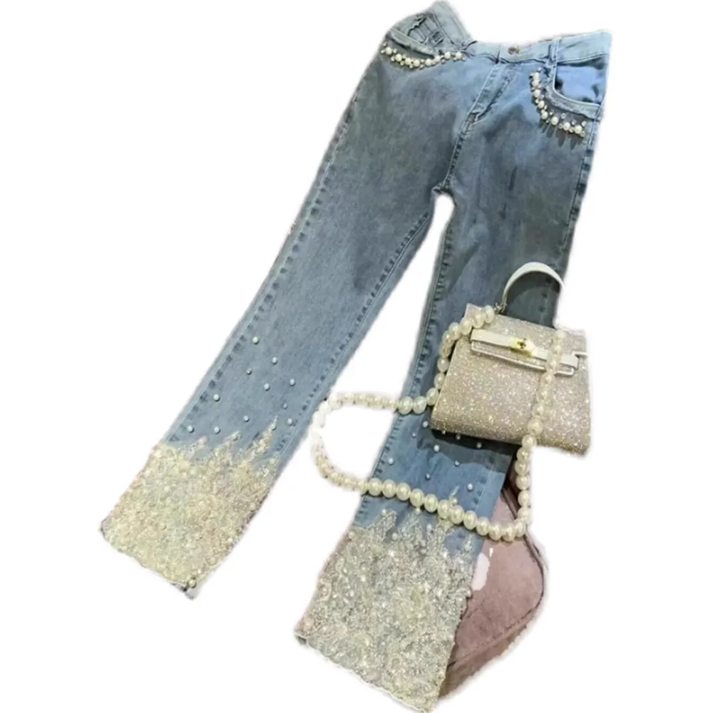 Pearl sequined jeans for women new high-waisted denim pants fashion SKY BLUE