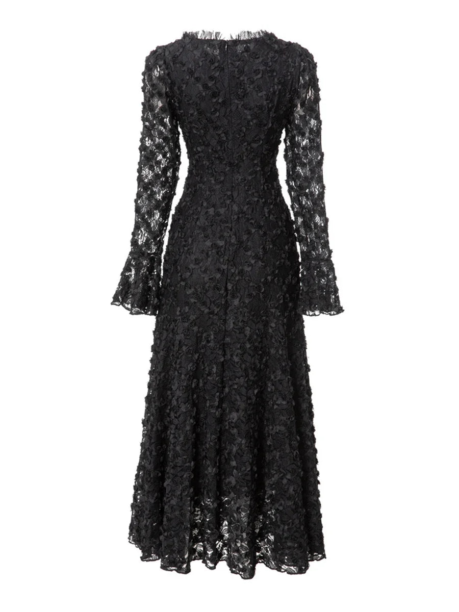 Solid Slimming Spliced Appliques Dresses for Women Round Neck Long Sleeves Patchwork Single Breasted Dress Female