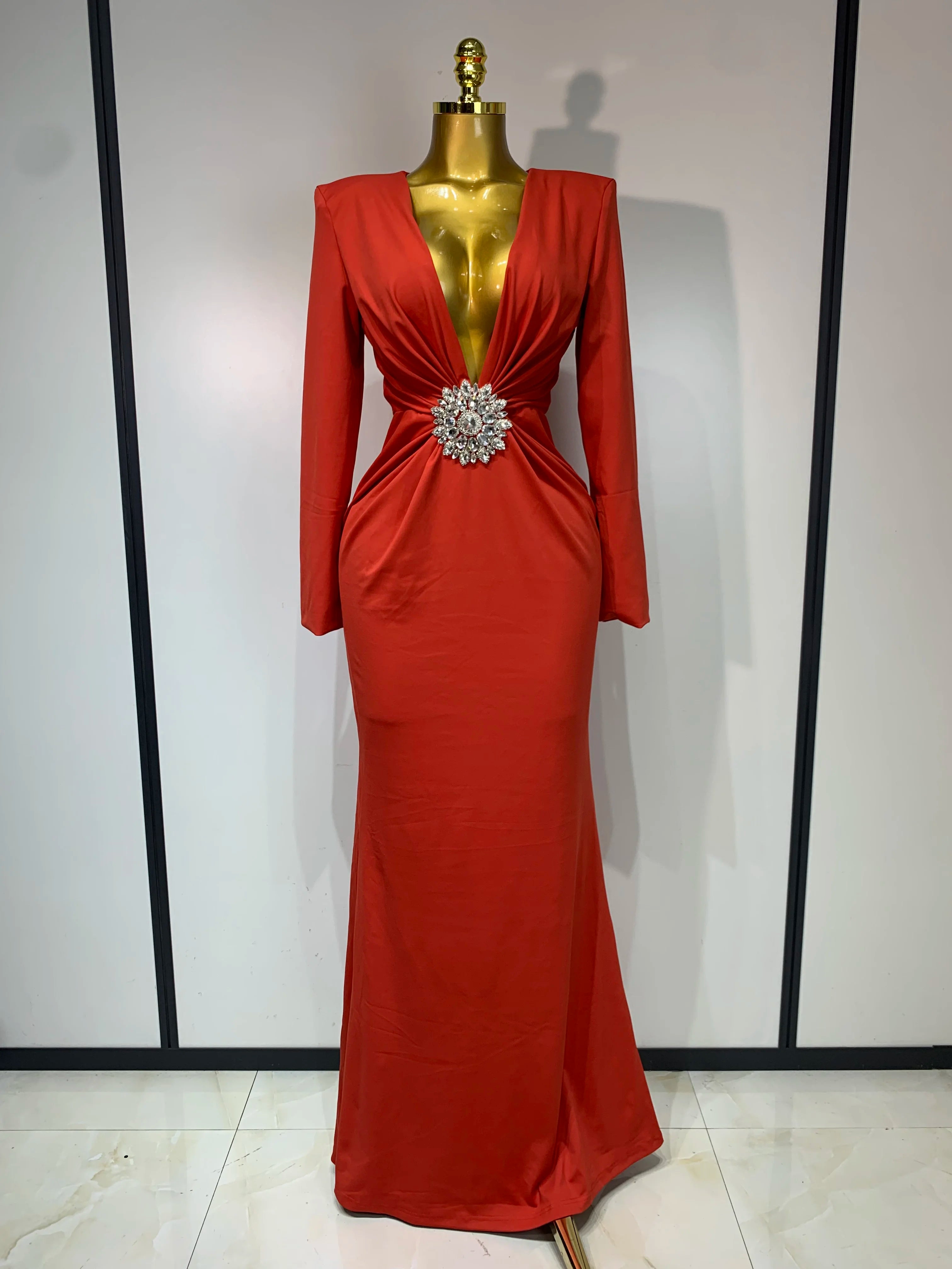 Vestido longo justo com diamante preto, feminino, sexy, decote em V profundo, mangas compridas, para festa de passarela, 2025, elegante, vestido de festa à noite