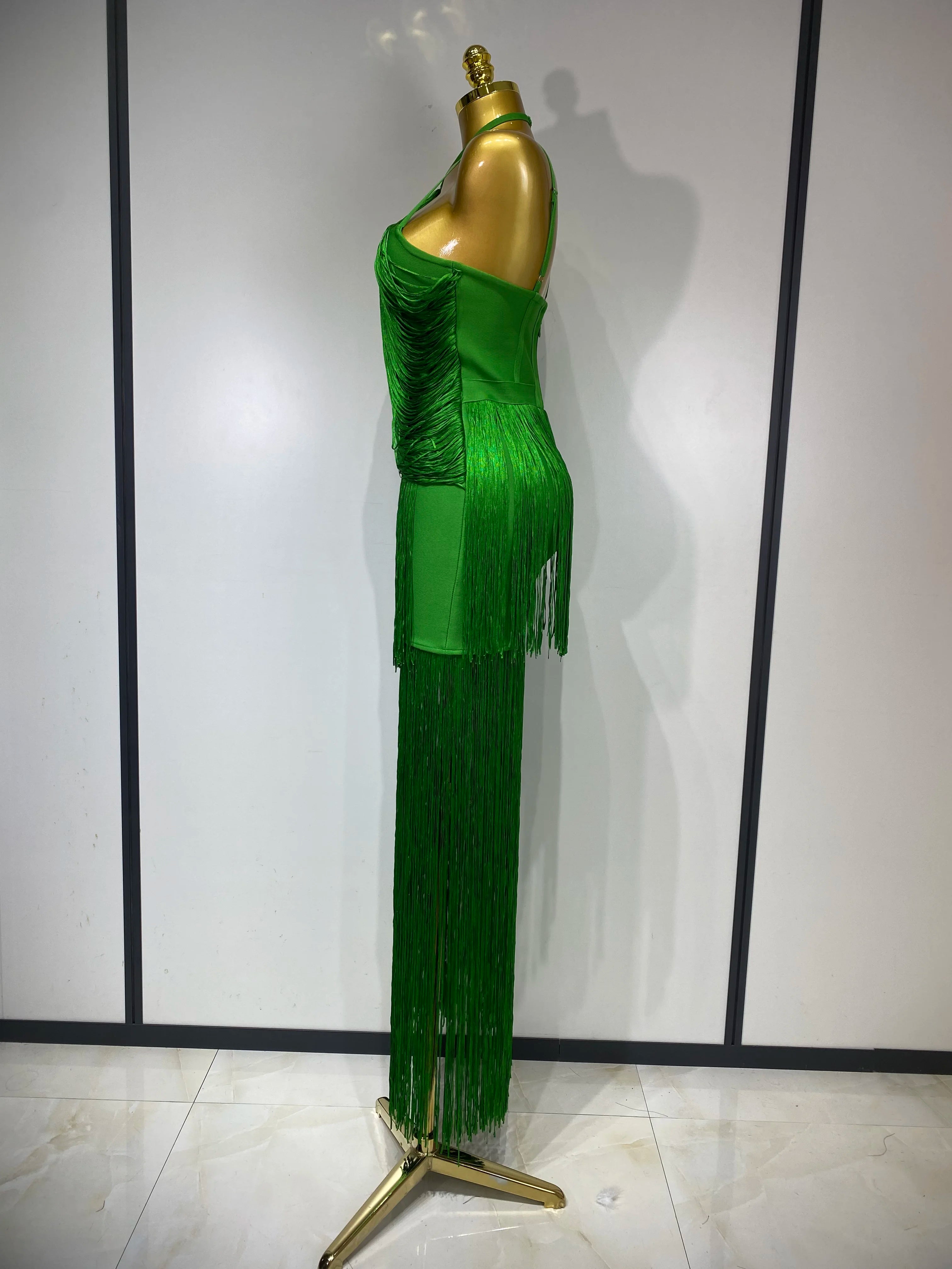 Women Sexy Backless Tassel Green Ankle Bodycon Bandage Dress 2025 Celebrity Elegant Evening Club  Luxury Birthday Party Outfit 