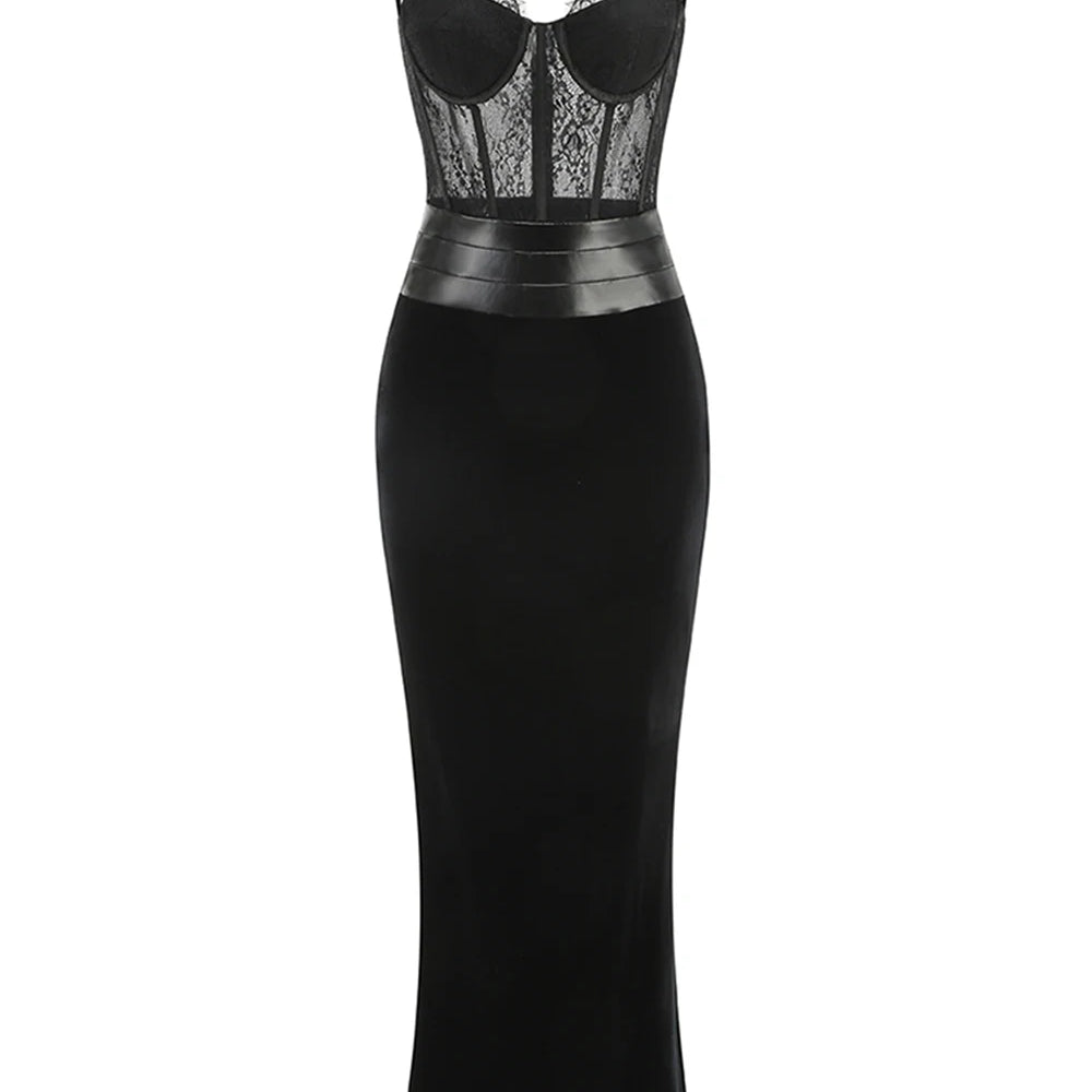 High Quality Women'S Sling Velvet Long Dress Sexy See Through Lace Slim Fishbone Dress Elegant Celebrity Evening Party Gowns