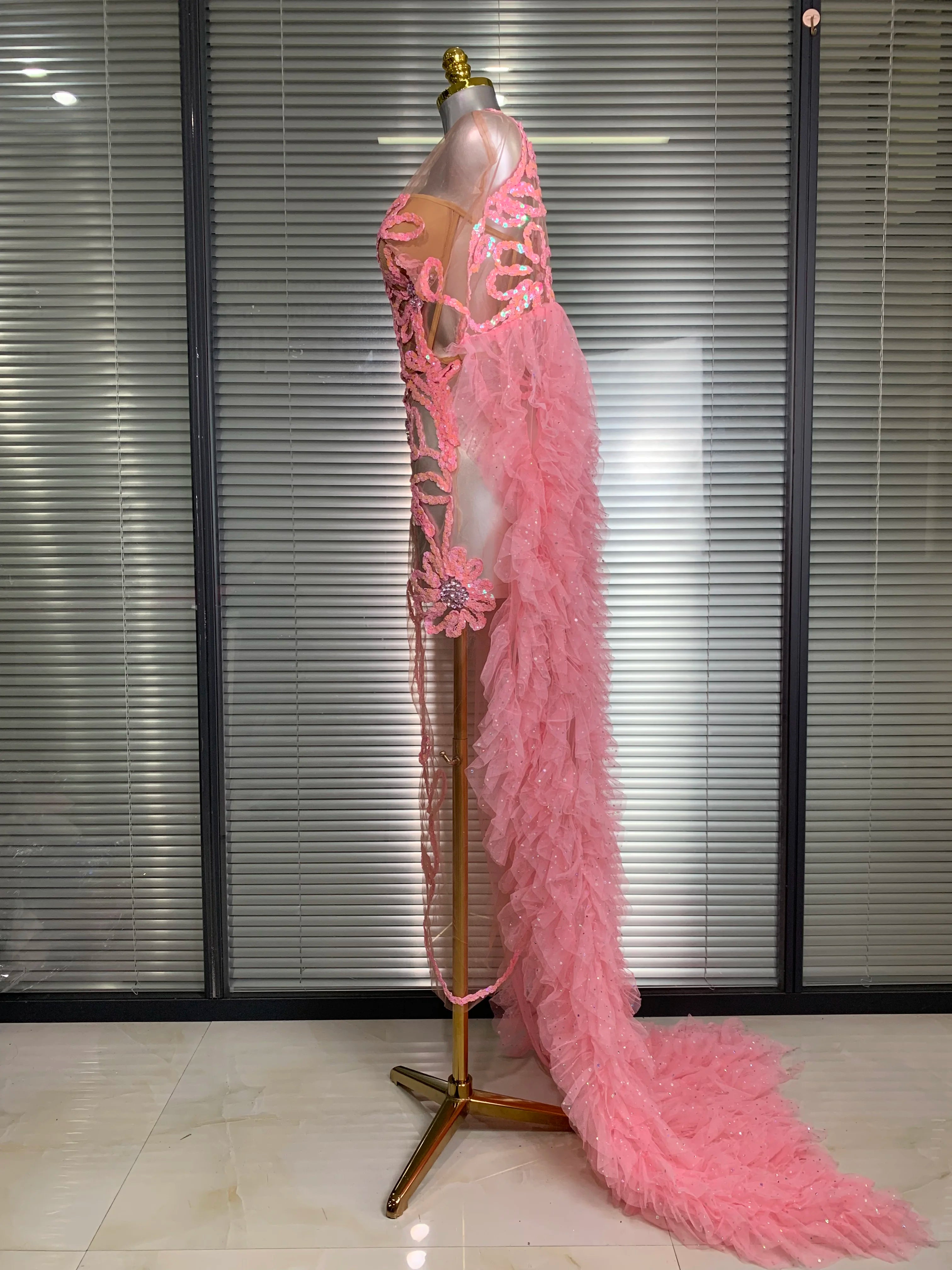 New Women Sexy Mesh Sheer Sequins Pink Maxi Dress See Through Sparkly Shining Party Costume Stage Performance Dress