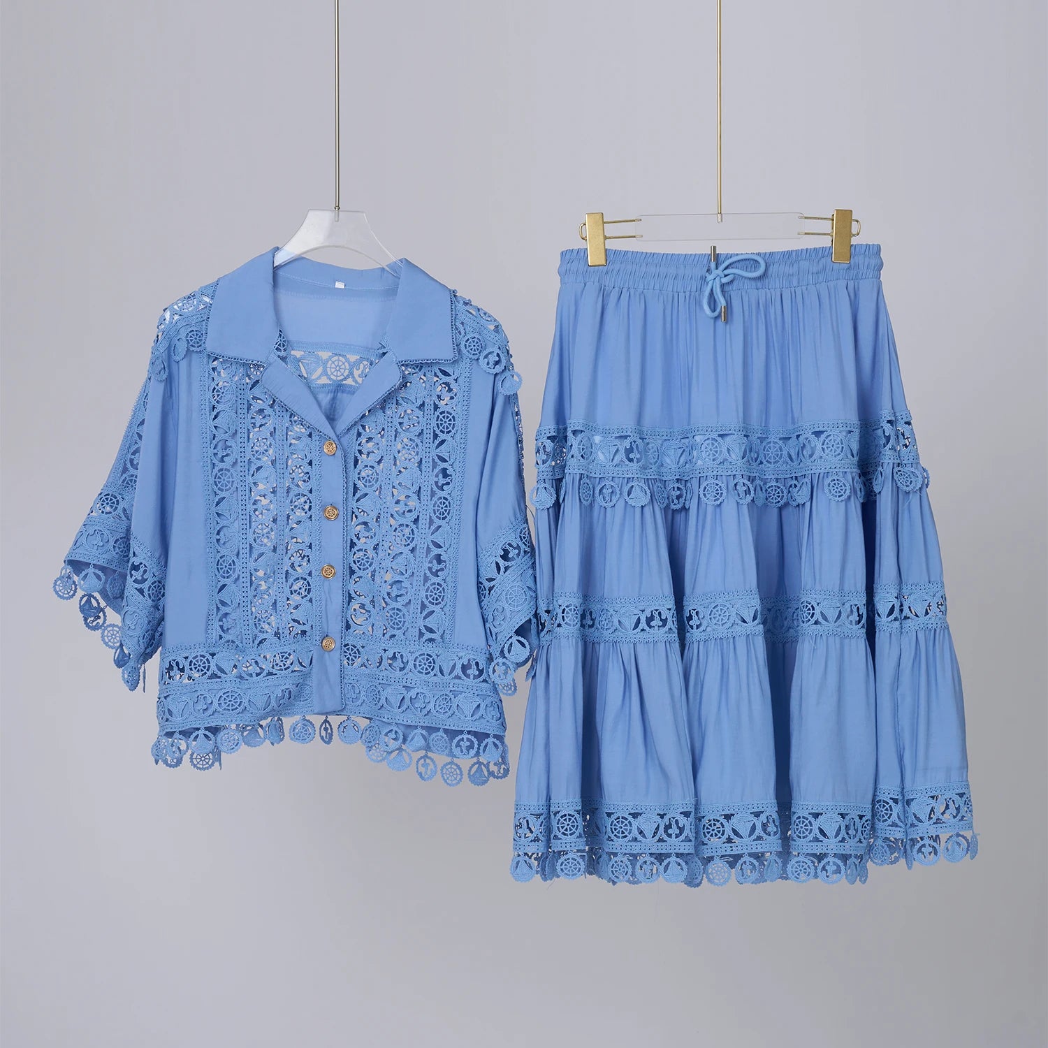 Embroidery 2 Pieces Set Women Hollow Out Loose Shirt Tops + Elastic Waist Midi Skirts Suit Summer Vacation Lace Ladies Outfit