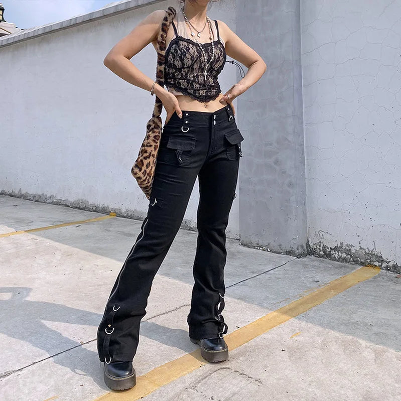 European and American Cool Low-waist Zipper Straight Slim Jeans Autumn Trousers Flare Jeans Cargo Pants Women black