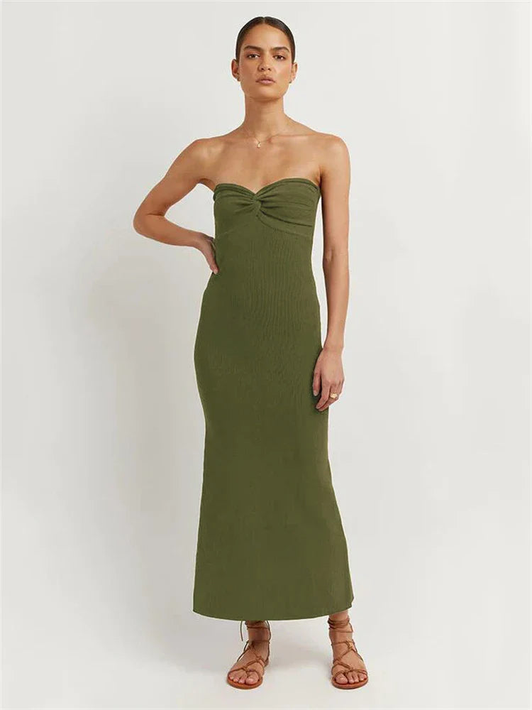 Tossy Strapless Knit Maxi Dresses For Women Summer Beach Party Bodycon Dress Off-Shoulder Twist Knitting Evening Backless Dress army green