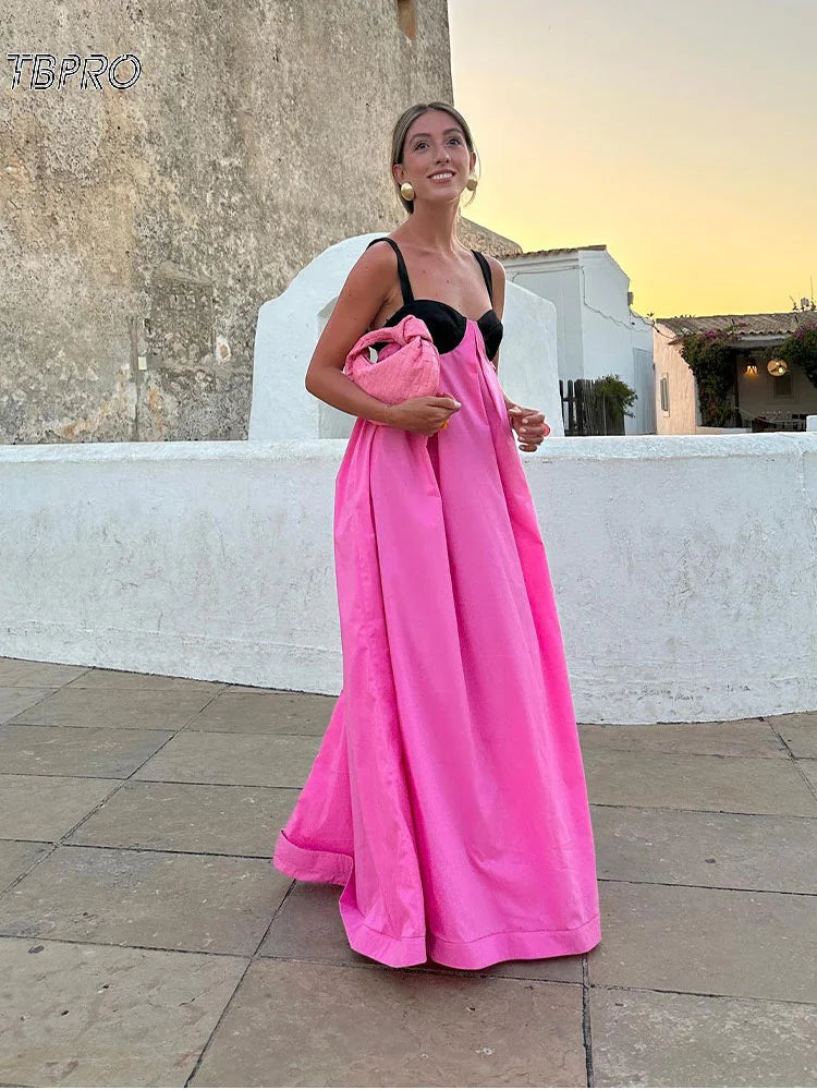 Women Fashion Color Matching Halter Maxi Dress Ladies Sexy Backless Off Shoulder Sleeveless Dresses Female party Holiday Robes