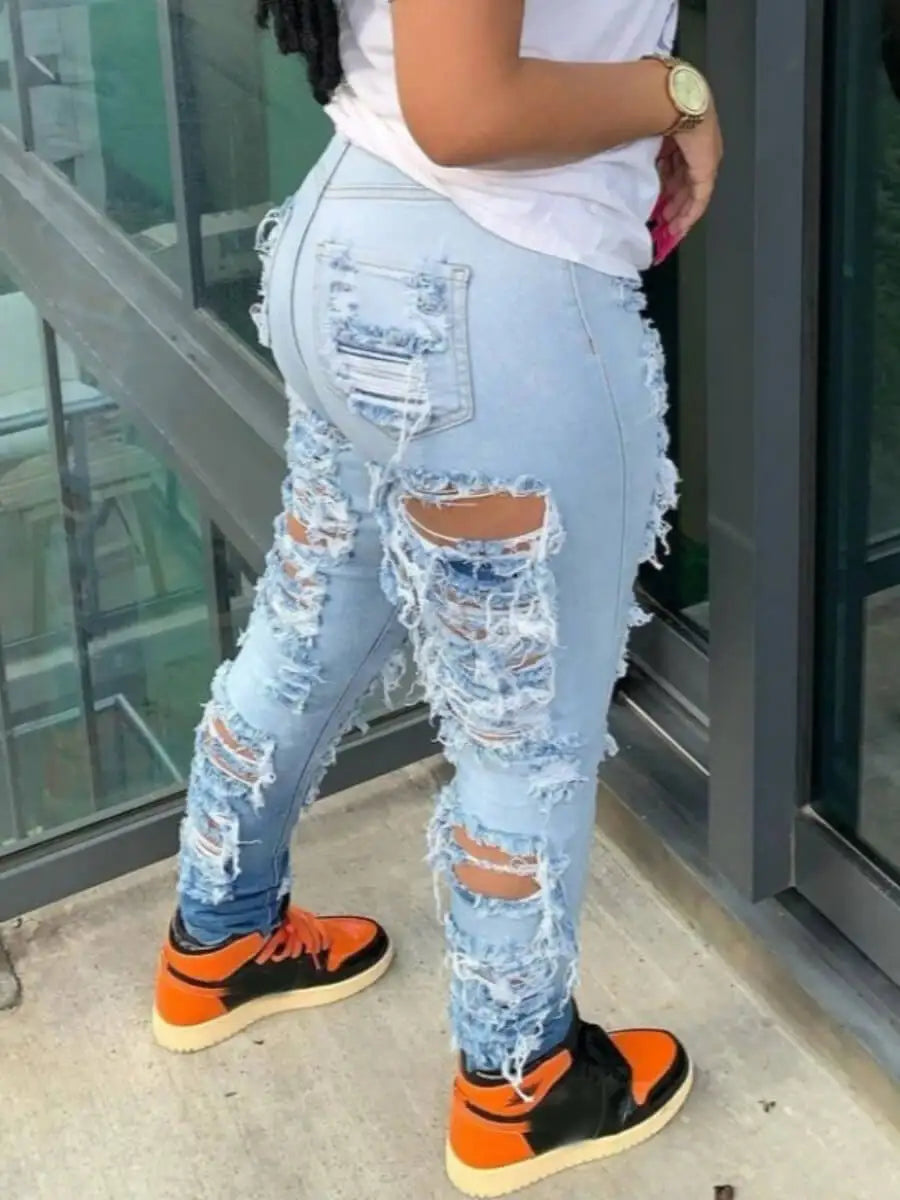 Plus Size Women Autumn Winter Skinny High Waist Street Hipsters Ripped Baby Blue Stretchy Denim Jeans
