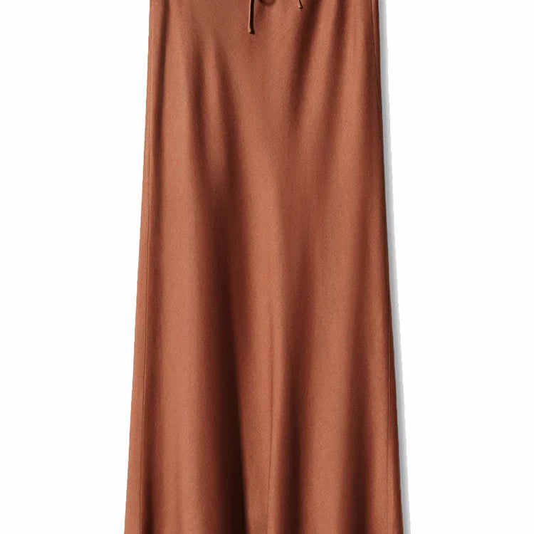 Streamgirl A Line Long Satin Skirts For Women Black Elegant High Waist Maxi Beige Skirts Silk Lace Up Long Skirt Women