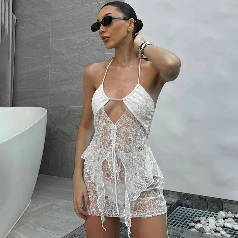 See Through Lace Hollow Out Sexy Two Piece Sets Women Halter Crop Tops And Mini Skirt Female Beach Club Skirt Sets