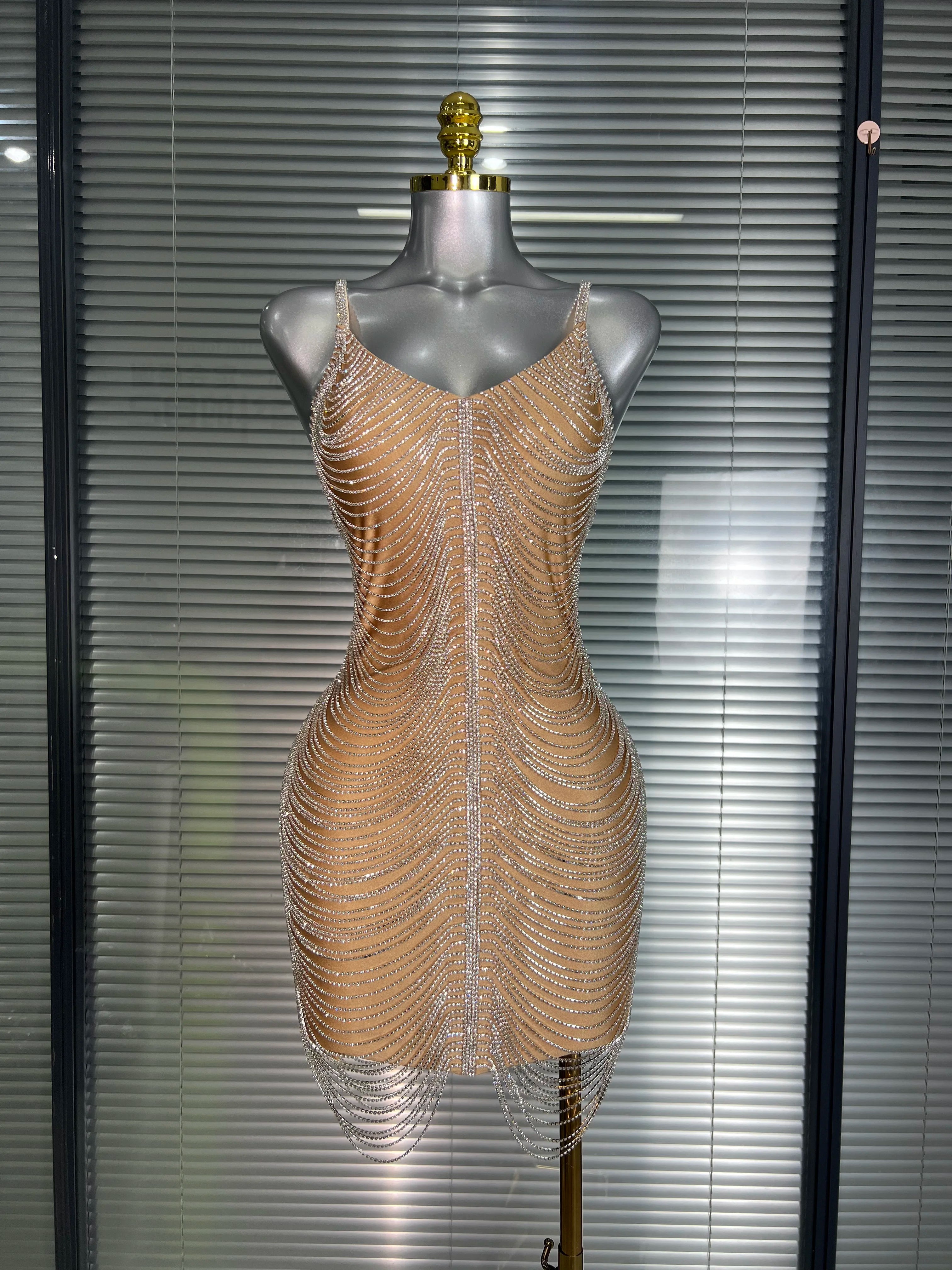 Ins Celebrity New Women Sexy Khaki Crystal Shining Mini Dress Stage Costume Dancer Singer Night Club Sparkly Party Dress