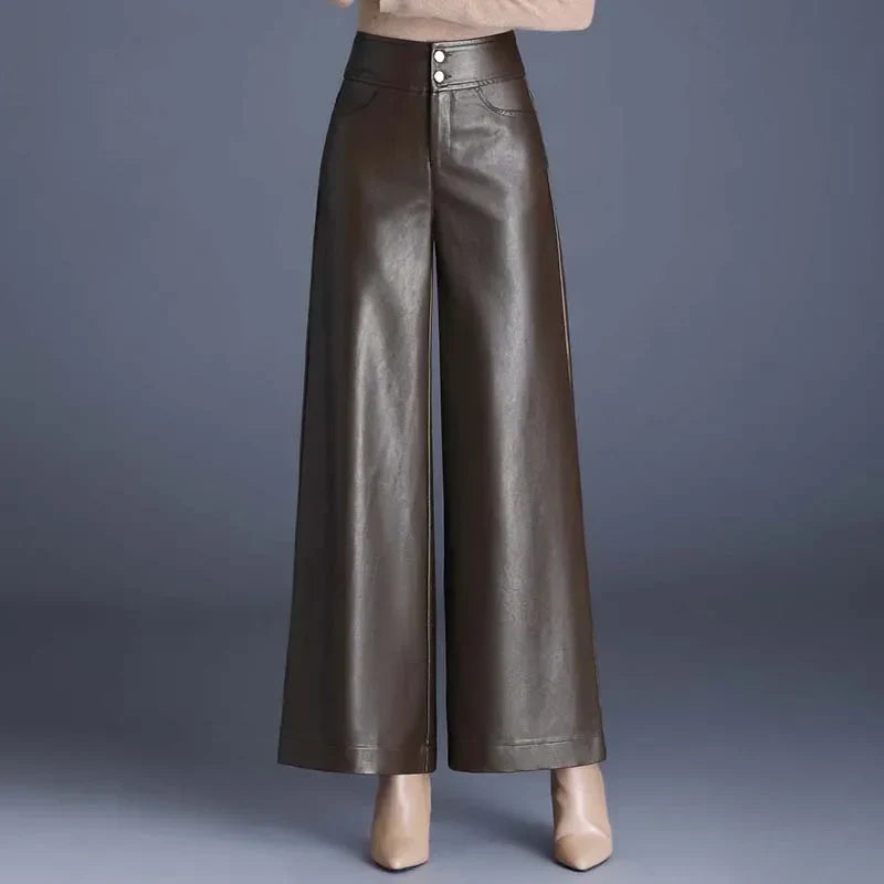 ZUZK High Quality Women PU Leather Wed Leg Pants Autumn Winter Fashion Warm Long Leather Pants Elegant LeatherTrousers Coffee