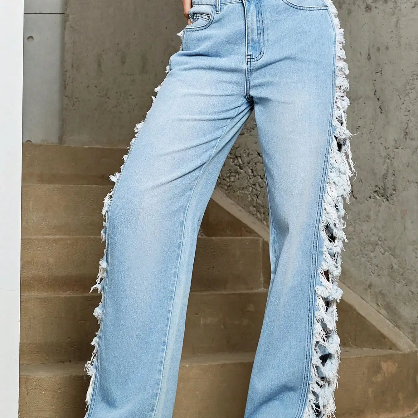 Y2K Women Fashion Side Ripped Detail Jeans Street Solid Low Waist Washed Blue Straight Leg Ladies Denim Trousers blue
