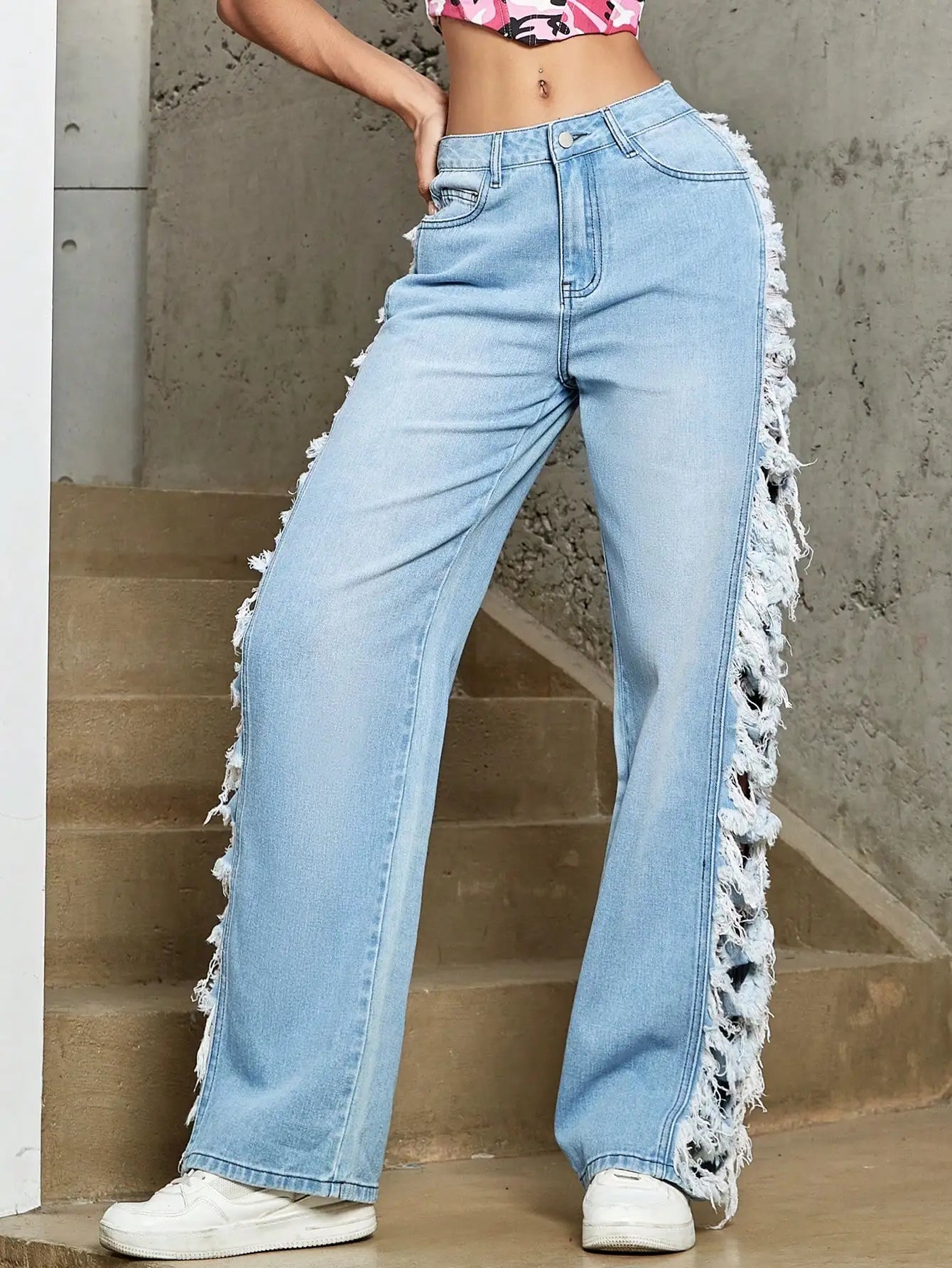 Y2K Women Fashion Side Ripped Detail Jeans Street Solid Low Waist Washed Blue Straight Leg Ladies Denim Trousers blue