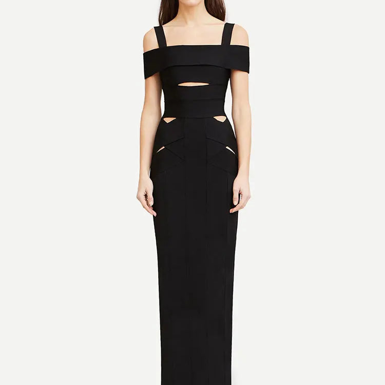 2025 Sexy Women's Hollow Design Bandage Dress Spaghetti Strap Shoulder Sleeve Bodycon Long Dress Cocktail Evening Party Vestidos