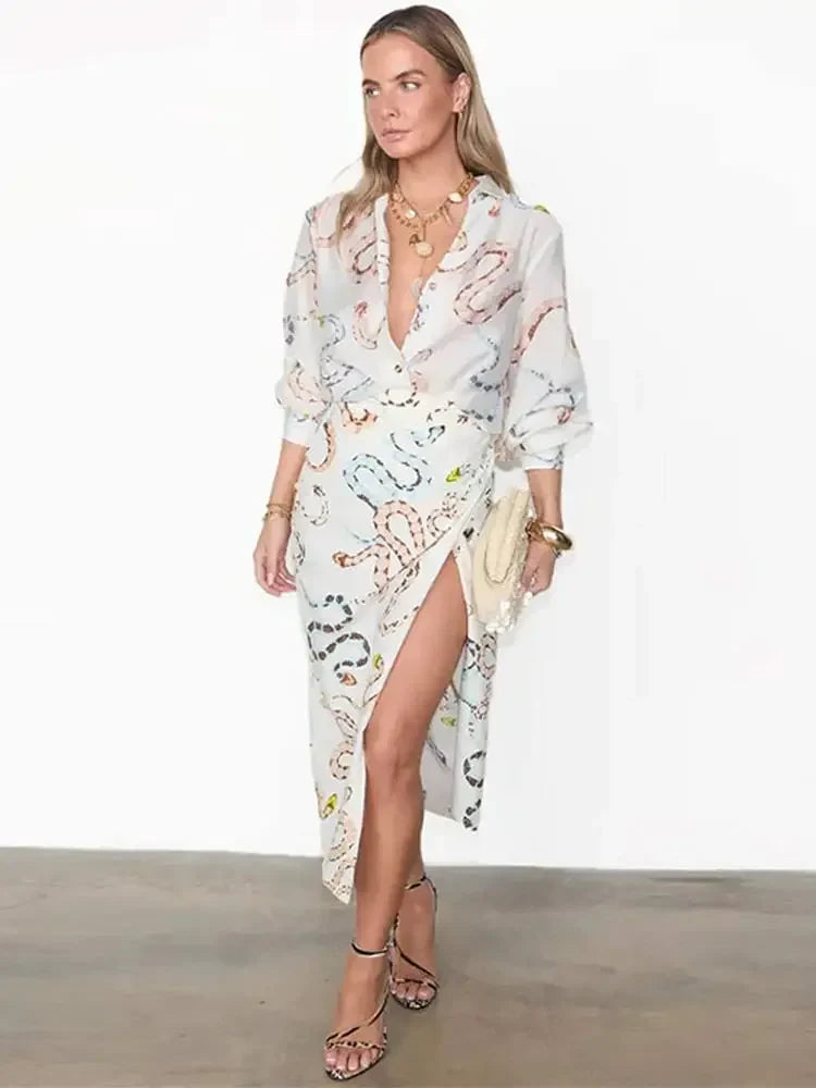 Snake Print Long Sleeve Shirt Split Skirt 2 Pcs Set Women Single Breasted Loose Lapel Short Dress Set Summer Chic Female Suits