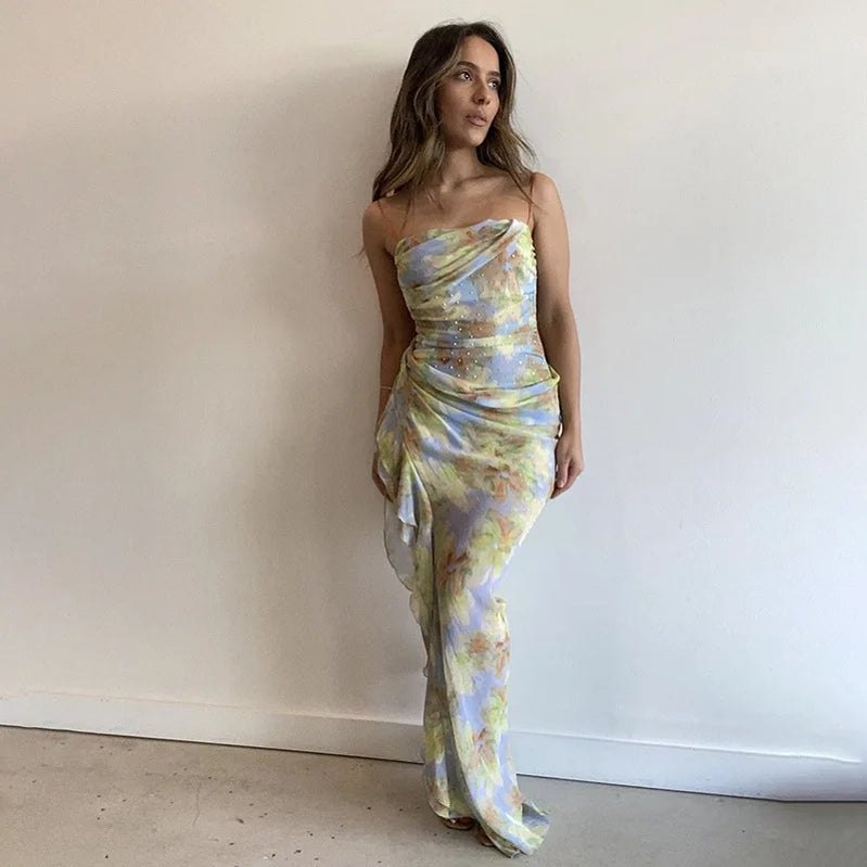 Summer Women's French Light Luxury Design Diamond Lace Backless Irregular Dress Elegant Sexy Party Dress Club Outfit