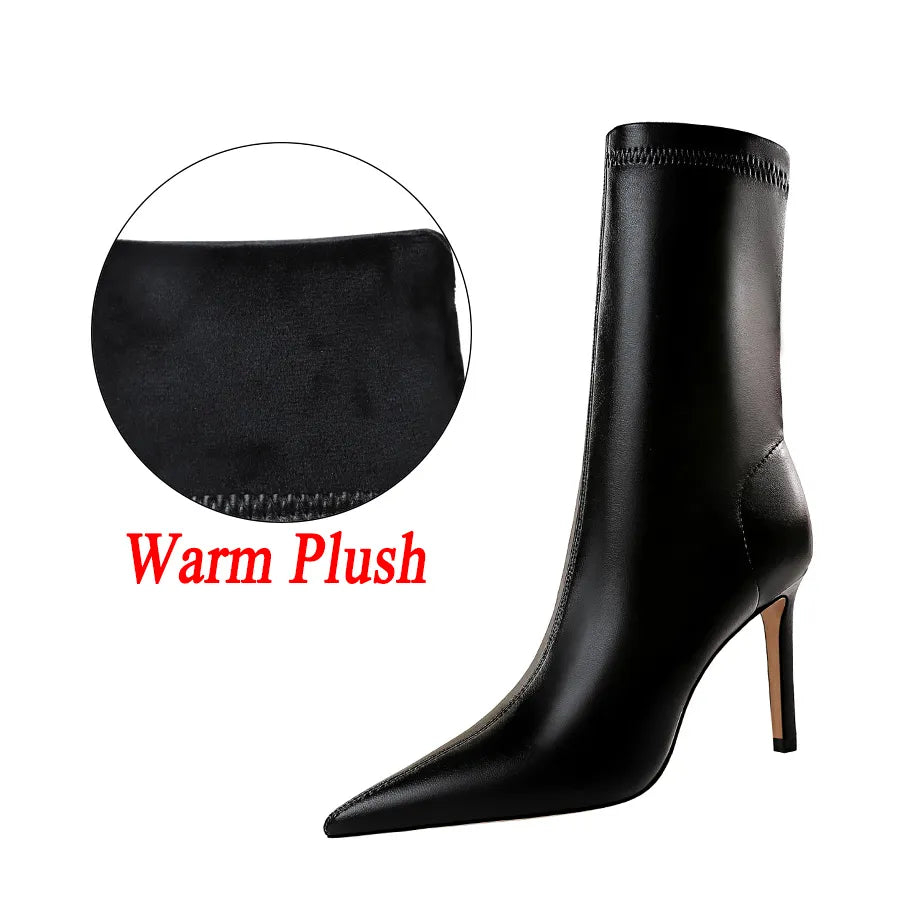 Women 7.5cm 10cm High Heels Leather Boots Lady Low Heels Short Ankle Boots Stripper Winter Warm Snow Plush Pointed Toe Shoes Black-Plush-10cm