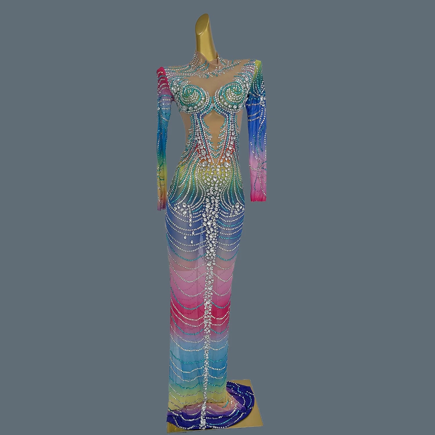 New Long Festival Dress Women Luxury Colorful Rhinestones Evening Celebrate Bithday Party Gown for Special Events Lanshuixing