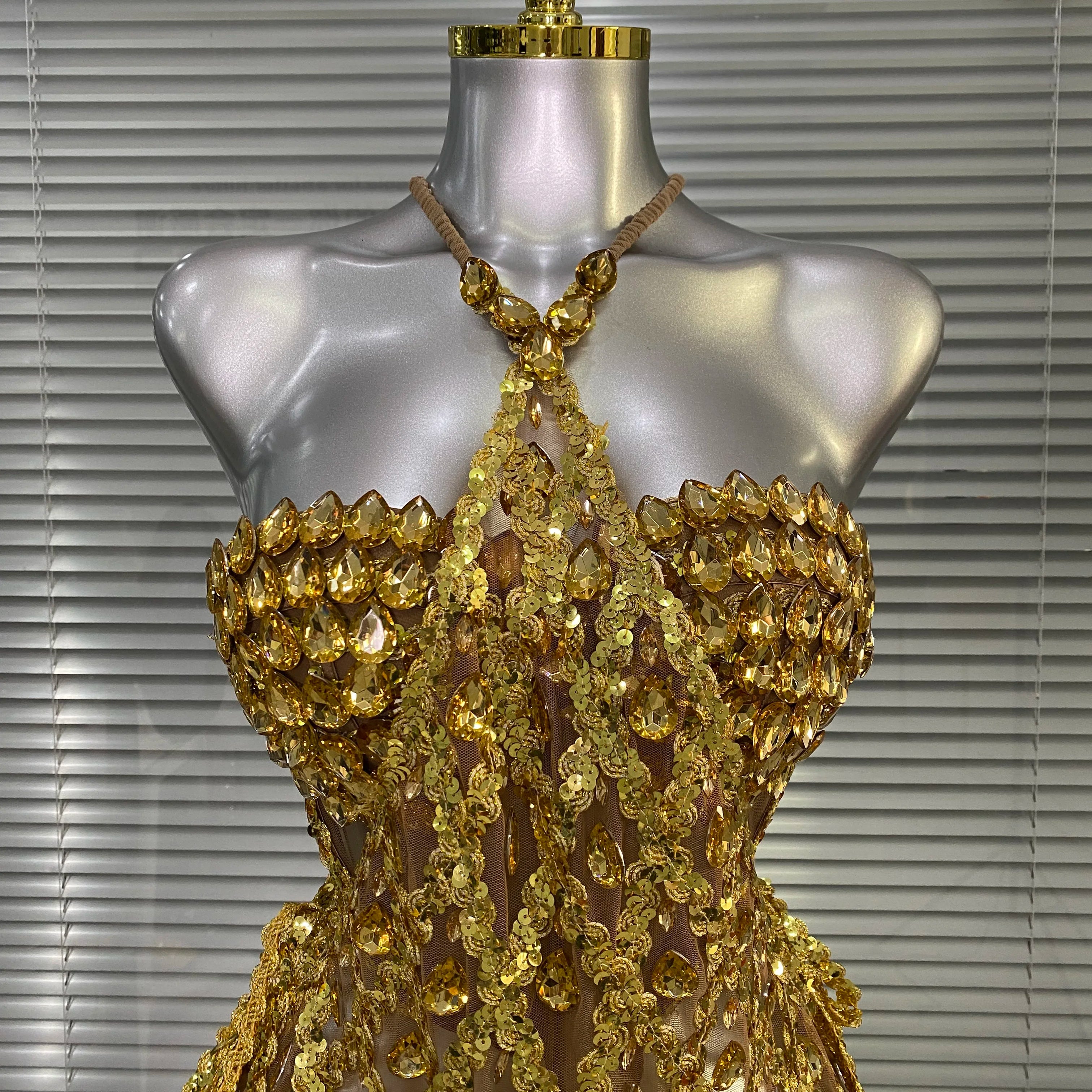 Women Sexy See Through Mesh Gold Pink Costume Stage Dancer Singer Night Club Celebrity 2 Pieces Set Mini Party Dress