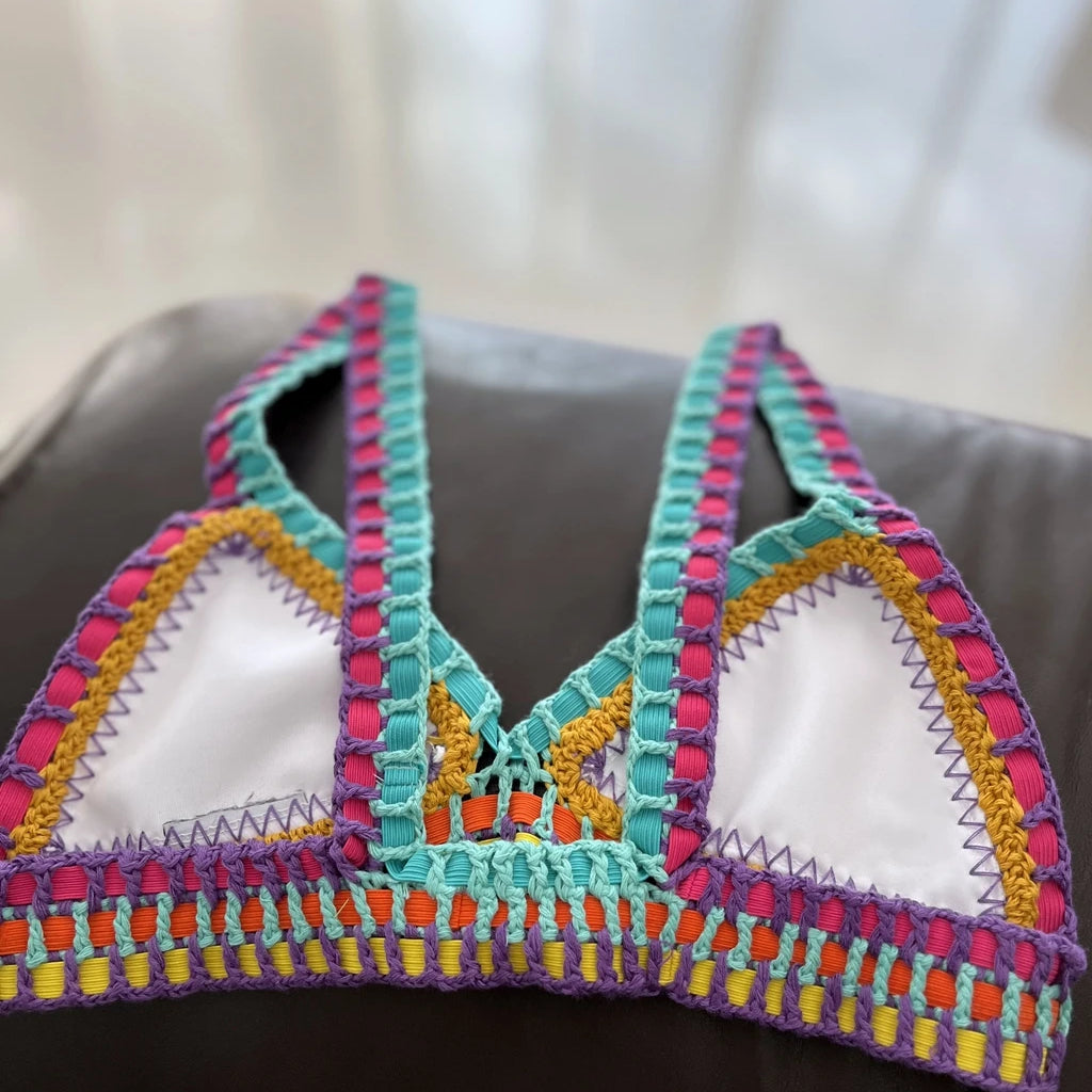 Women White Mulit Handmade Crochet Bikini Set Sexy Boho Swimwear Brazil Reversible Crochet Swimsuit Cute Bathing Suit Beachwear