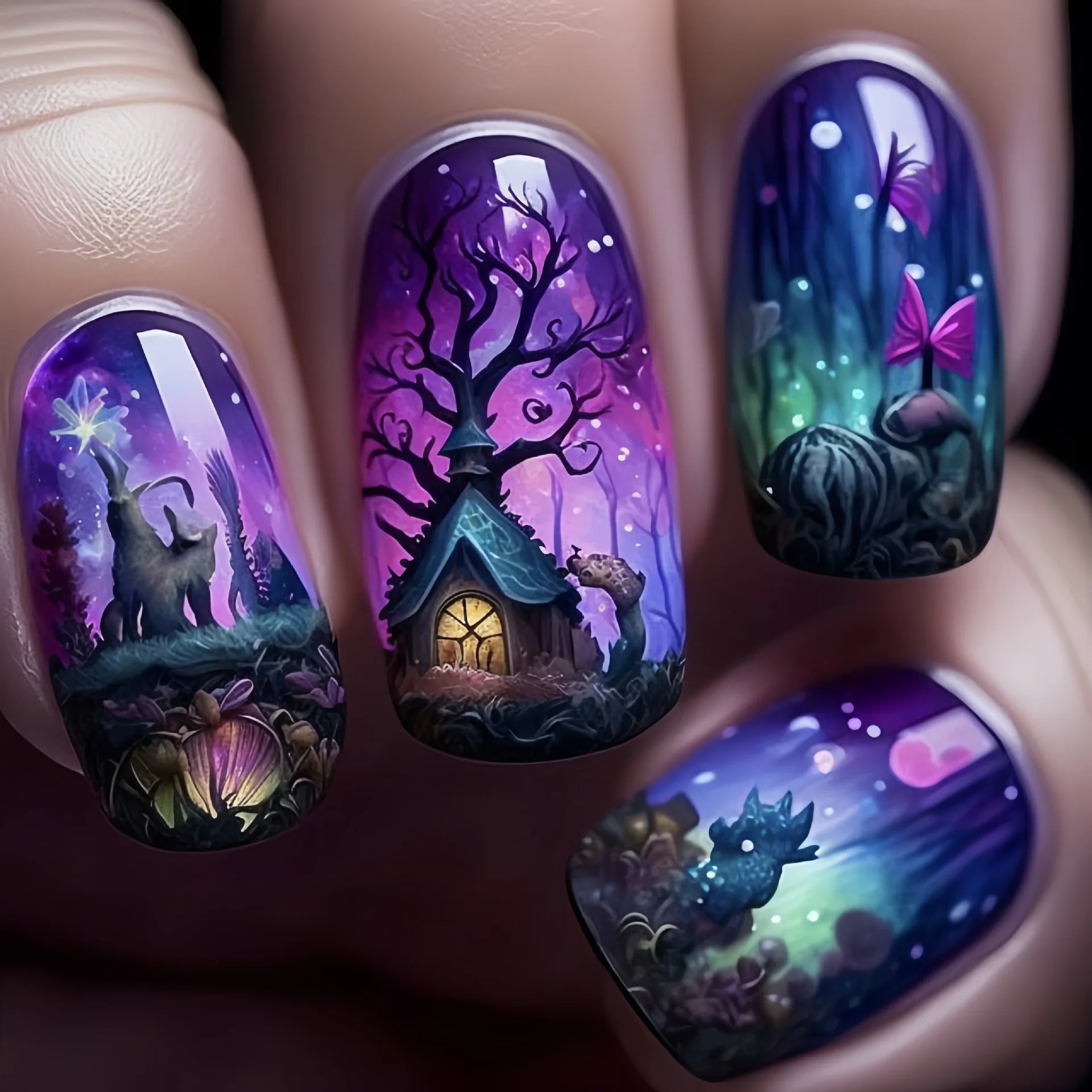24pcs/set fake nails short middle ballet square nail tips Dreamy colors flowers clouds forest design press on false nails art