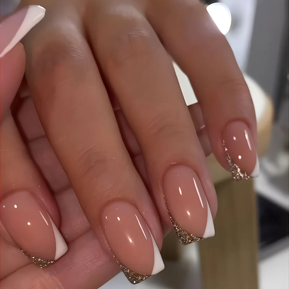 24 peças de unhas postiças com glitter e folhas, com desenhos de rosas simples, aplique de balé, remendo para unhas postiças, acabamento usável, cobertura total das pontas das unhas