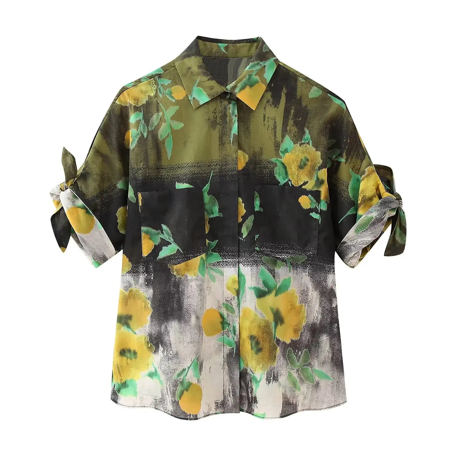 TRAF Summer Vintage Y2K Short Sleeve Green Floral Print Woman Zipper Shirt Set High Waisted A Line Pleated Skirt Suits Print top