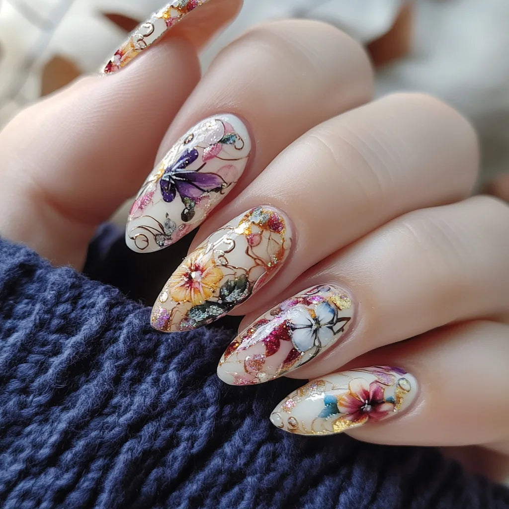24pcs Classical Flowers Press on Nails Watercolor Butterflys Flowers Print False Nails Wearable Spicy Girls Fake Nails for Women