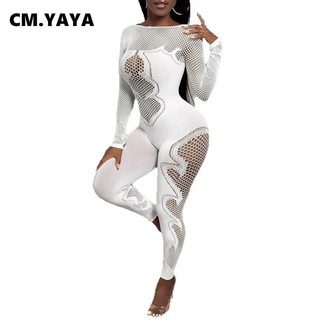 CM.YAYA 2025 O-neck Full Sleeve Women Mesh Hollow Out Jumpsuits Casual Night Club Sexystreet Sexy Perspective Outfits Rompers