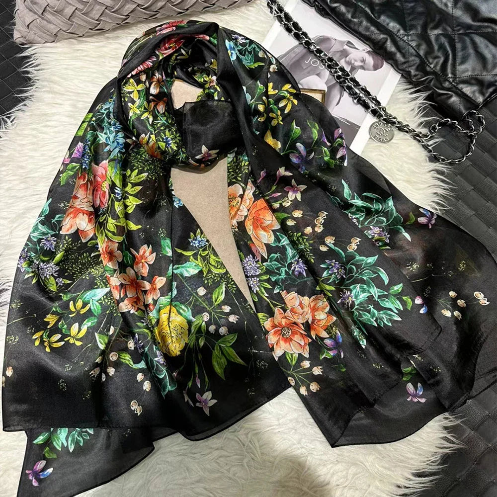 white100% Silk Scarf Women Scarves Bufandas Summer Beach Shawls Foulard Fall Winter Brand Flower Design Long Neck Scarves Hijabs black green