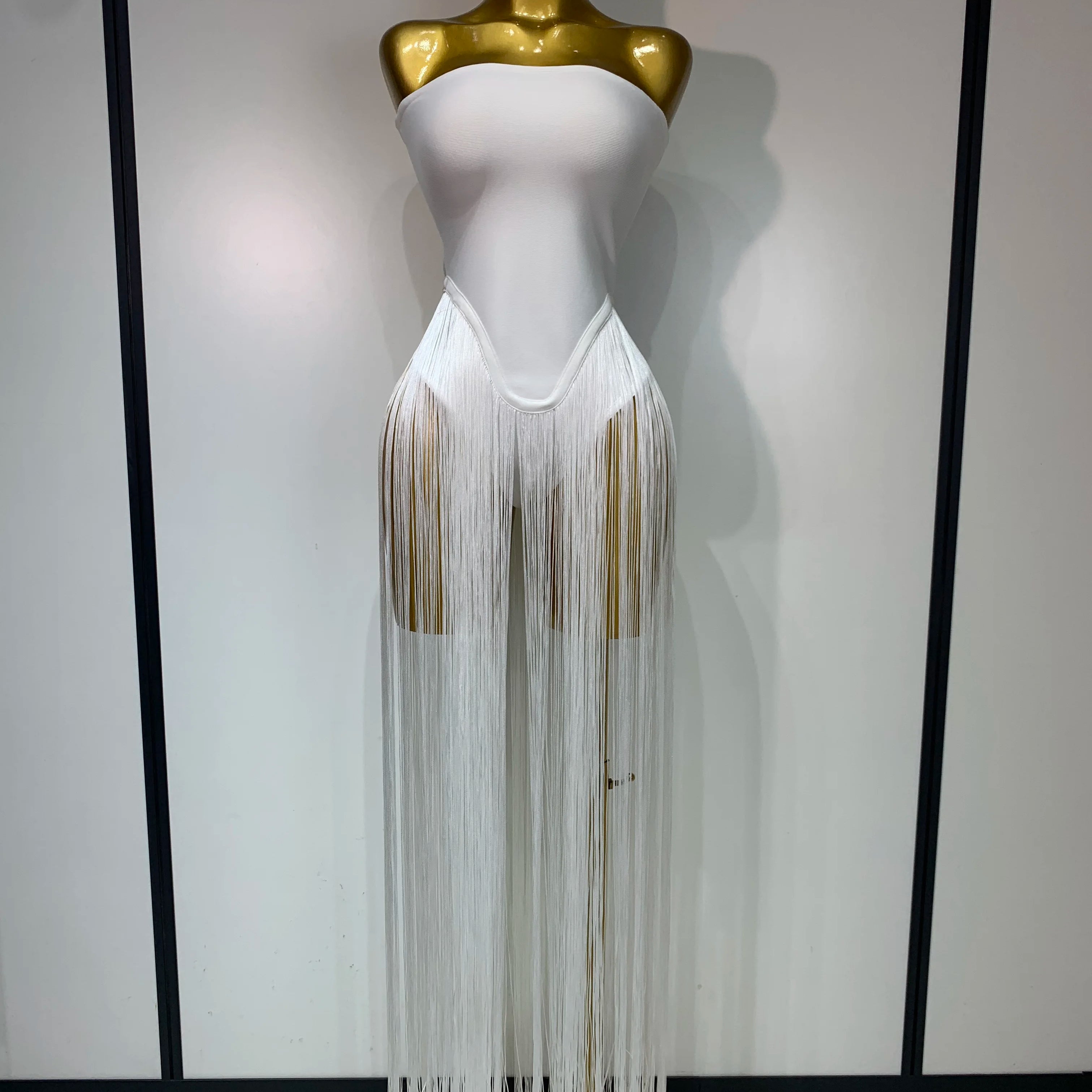 Fashion Design Long Tassel Patchwork Strapless Bandage Bodysuit Women Sexy High Street Evening Party Nightclub Hotwife Outfit